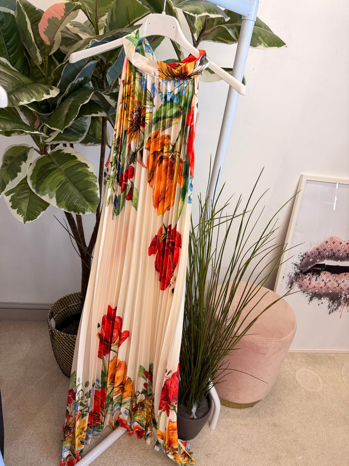 Ladies Satin Pleated Flower Print Summer Maxi Dress - Black, Cream & Blue