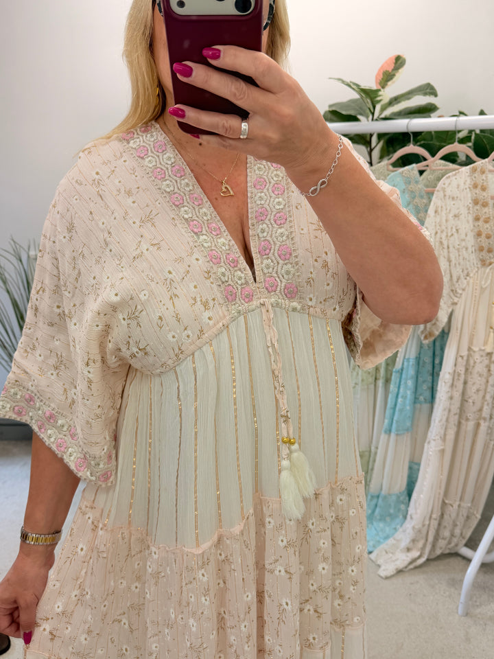 Ladies Fashion Boho Summer Maxi Dress - Pink, Cream, Mint & Blue