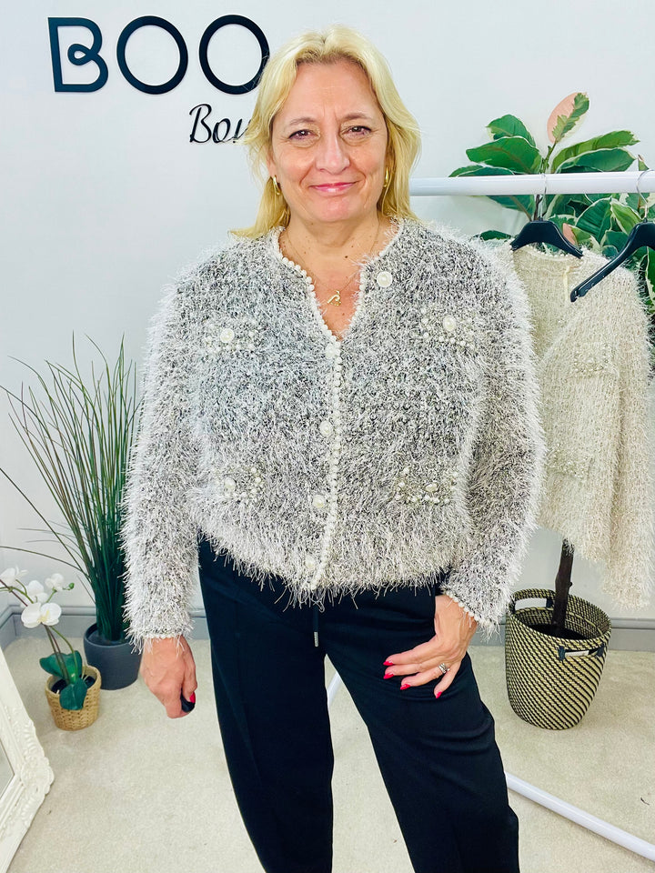 LADIES DESIGNER INSPIRED FLUFFY LUREX CARDIGAN - BEIGE & BLACK