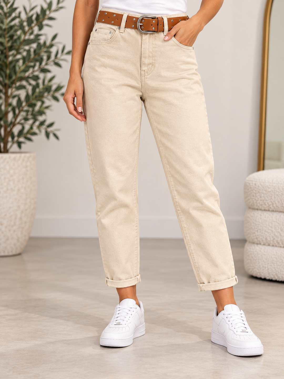 Womens fashion light beige denim mom fit jeans