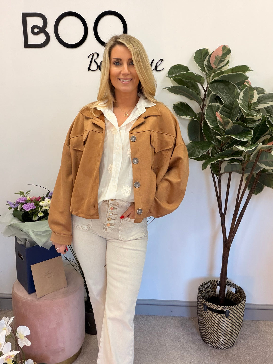 Ladies Fashion Faux Suede Bomber Jacket - camel, brown & lime