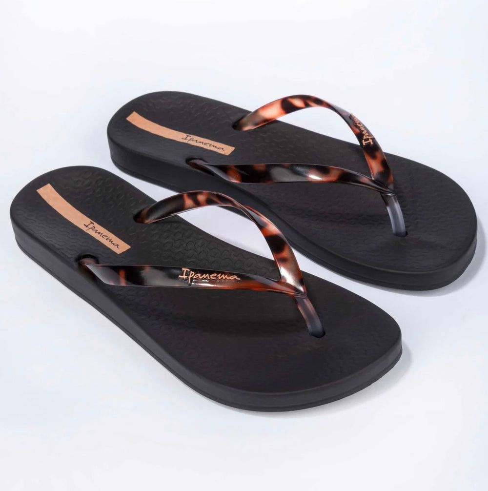 Ladies Tortoiseshell IPANEMA Flip Flop Sandals - Black & Camel