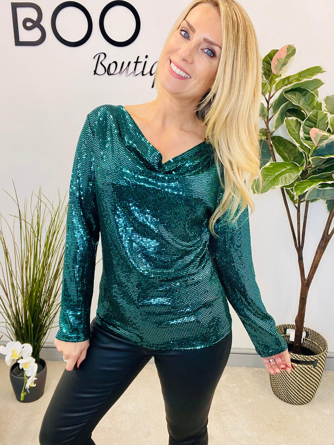 LADIES SEQUIN COWL NECK TOP - BLACK, CHAMPAGNE, GREEN & RED