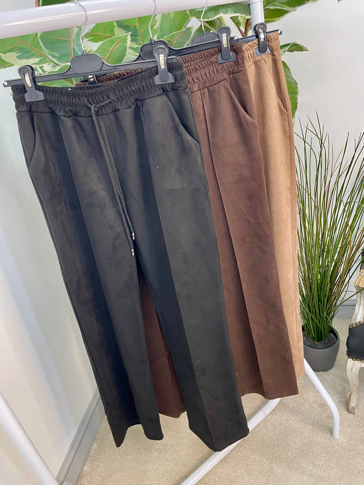 LADIES FAUX SUEDE STRAIGHT LEG TROUSERS - BROWN, CAMEL & BLACK