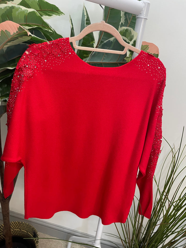 LADIES DIAMANTE SLEEVE BATWING JUMPER RED