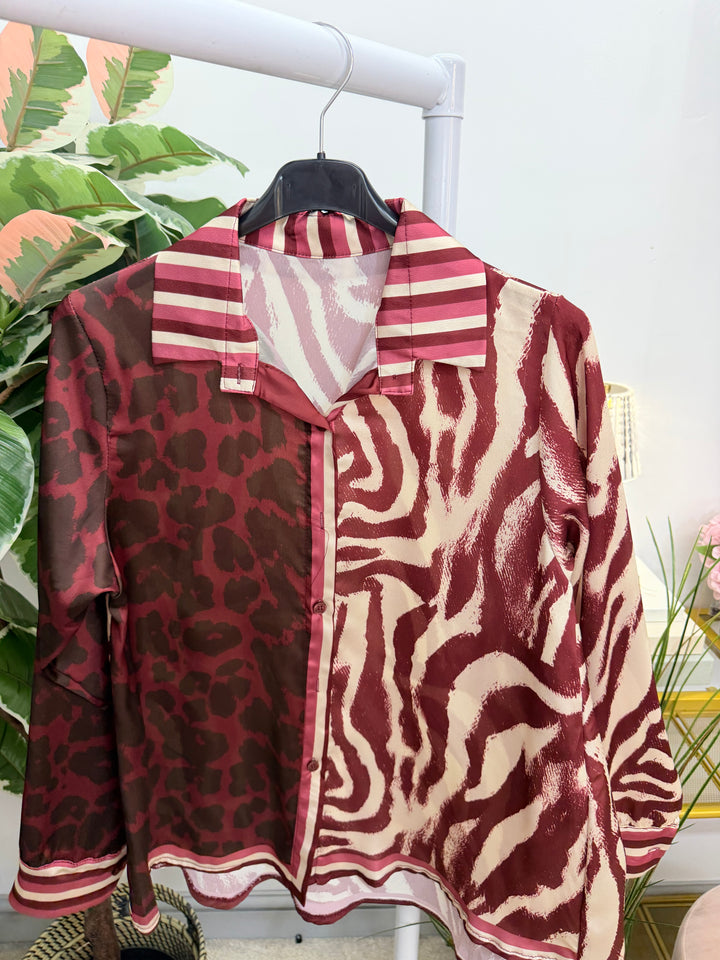Womens Animal Leopard Print Satin Shirt Blouse - Navy, Burgundy & Camel