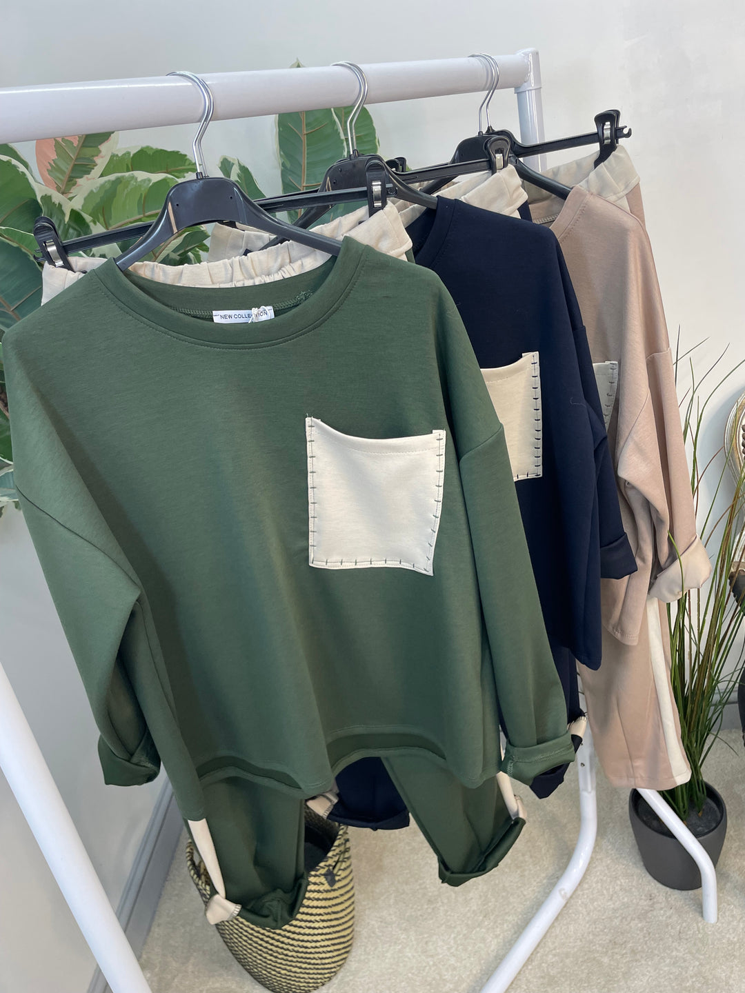 LADIES PATCHWORK POCKET SCUBA TROUSER CO ORD SET - NAVY, KHAKI & BEIGE