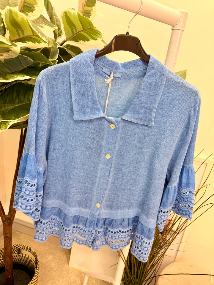 Ladies Fashion Broderie Anglaise Teabag Linen Top royal blue