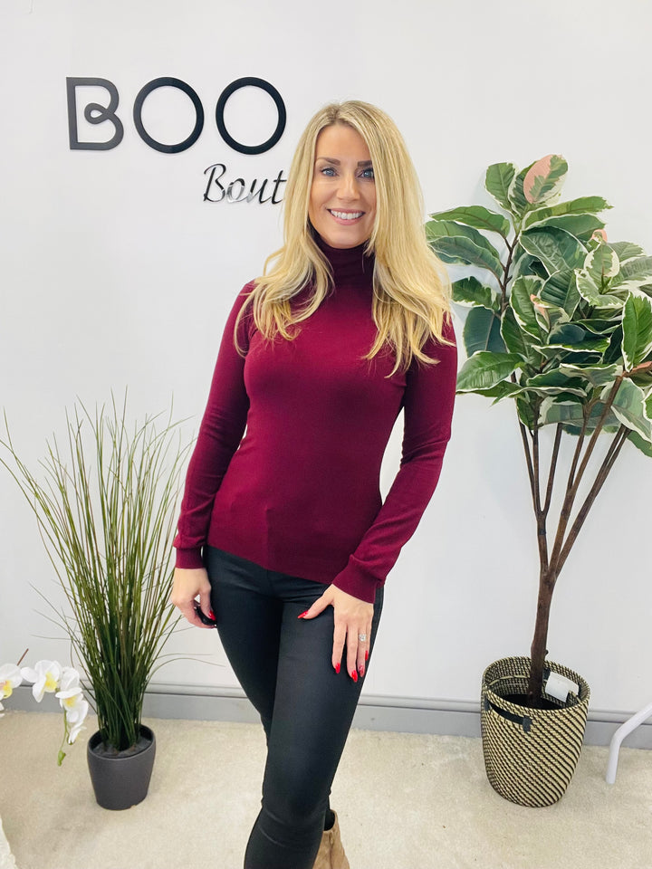 LADIES FINE KNIT ROLL NECK JUMPER - BERRY, BLACK, BEIGE & BROWN