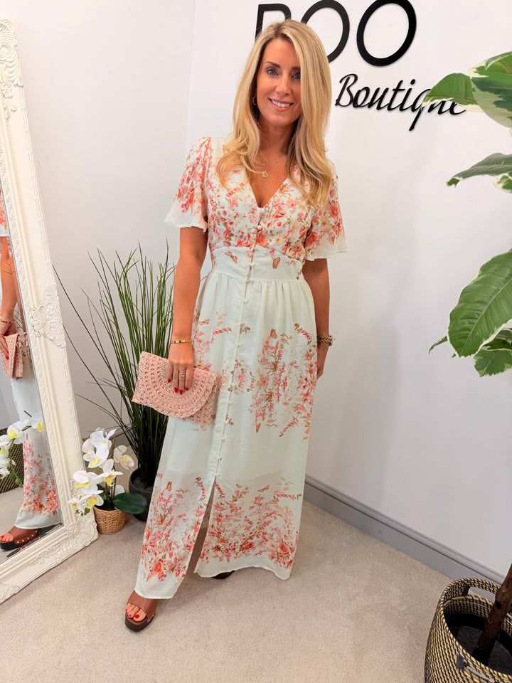 Ladies Cream & Pink Summer Event Maxi Dress