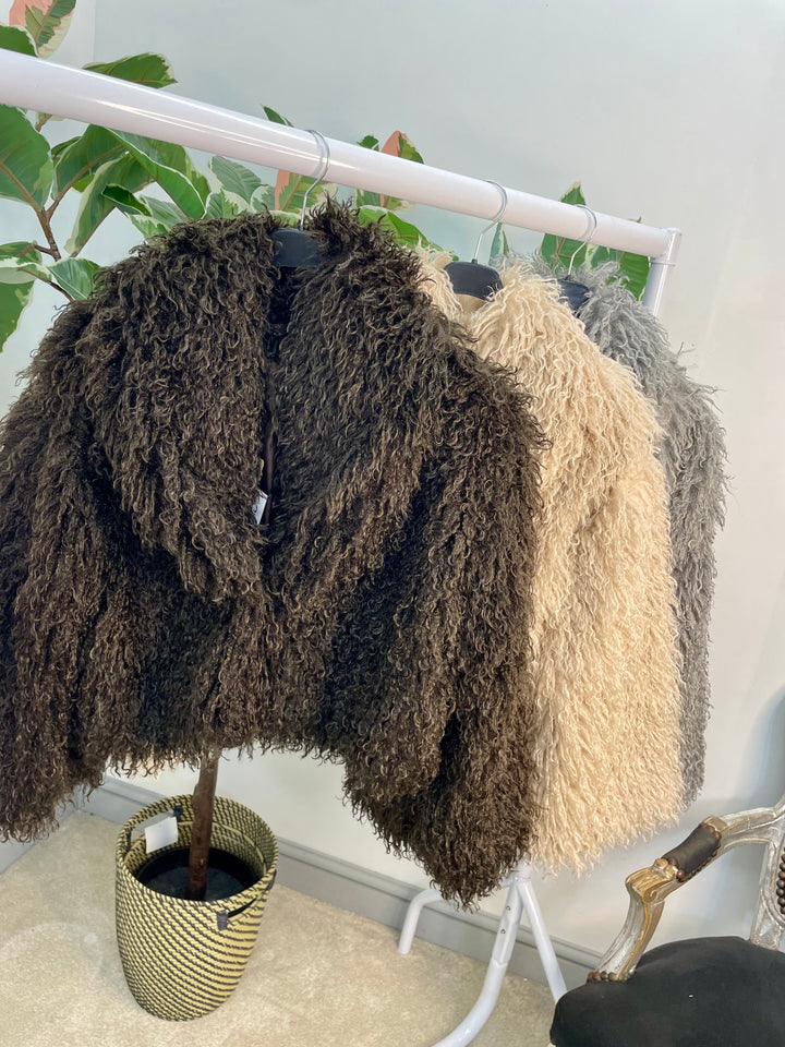 LADIES SHAGGY FLUFFY BOLERO JACKET - BEIGE, GREY & BROWN