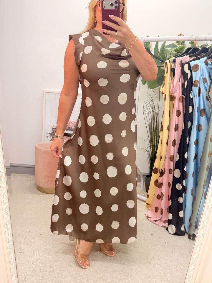 Ladies Satin Polka Dot Sheath Dress - Lemon, Black, Pink, Khaki, Navy, Black & Blue