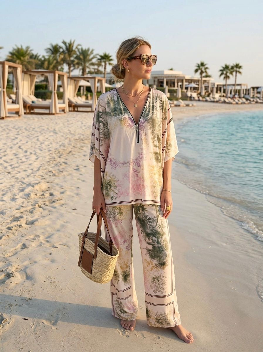 Ladies Cream & Khaki Wide Leg Trouser Co Ord Set