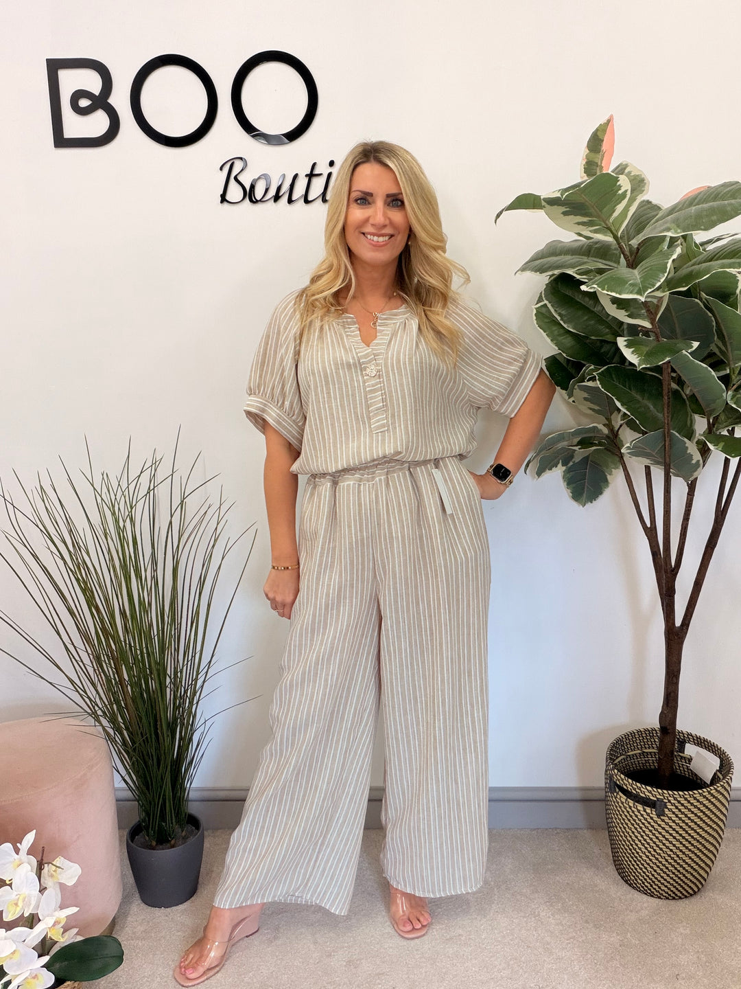 Ladies Fashion Stripe Wide Leg Trouser Co Ord Set - Khaki, Blue, White & Beige