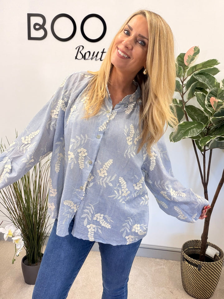 LADIES BLUE WHITE PINSTRIPE BLOUSE SHIRT