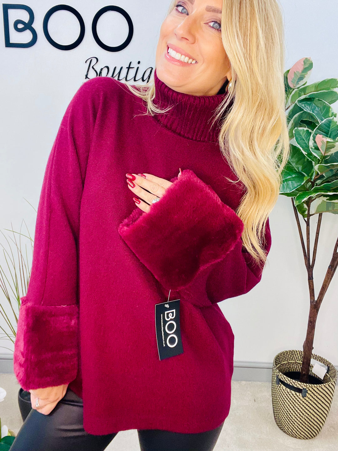 LADIES KNITTED FAUX FUR CUFF JUMPER - BURGUNDY, GREY, BLACK, BROWN, BEIGE, CAMEL
