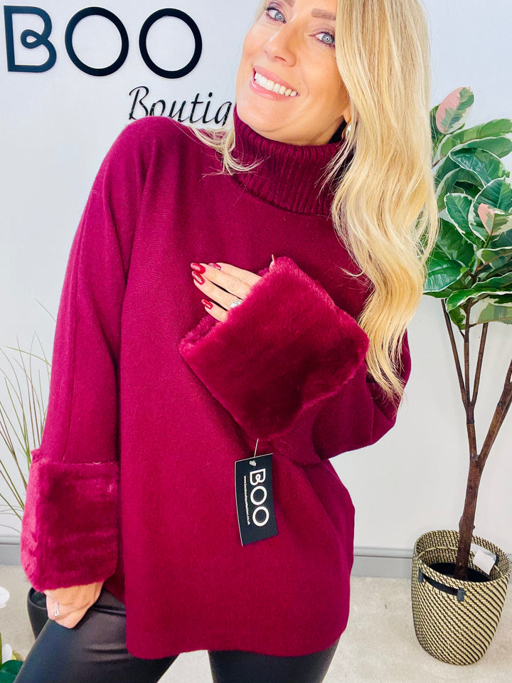 LADIES KNITTED FAUX FUR CUFF JUMPER - BURGUNDY, GREY, BLACK, BROWN, BEIGE, CAMEL
