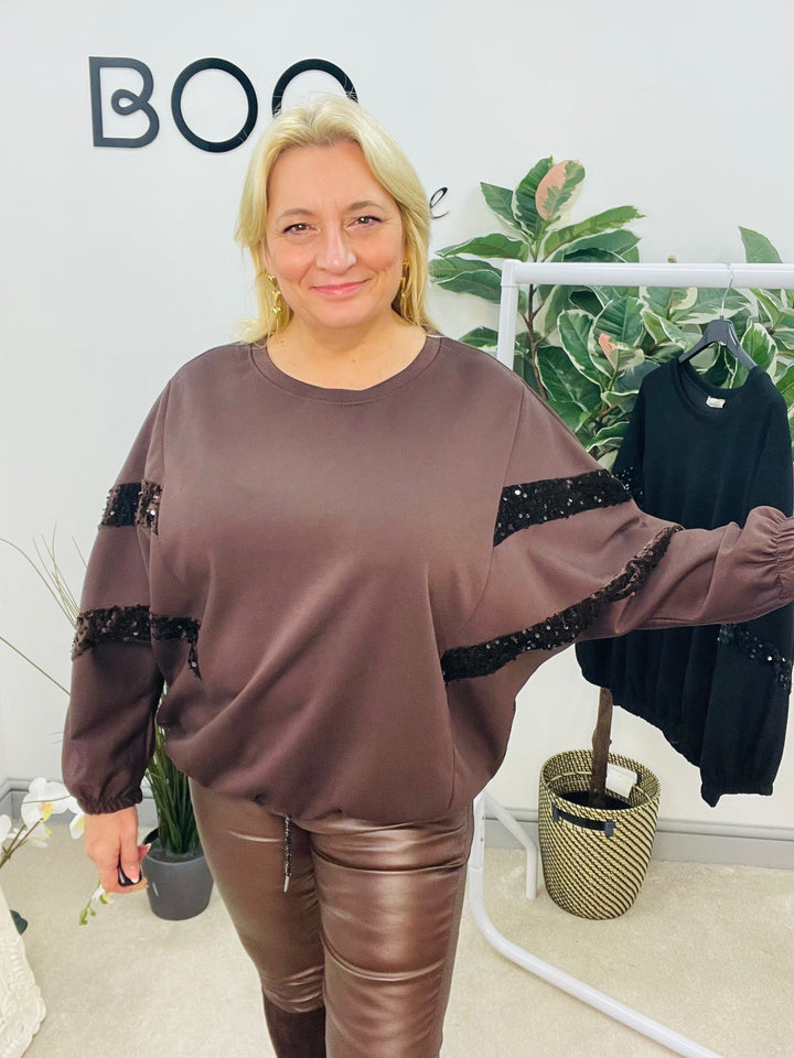 LADIES SCUBA SEQUIN SWEATSHIRT TOP - BLACK & BROWN