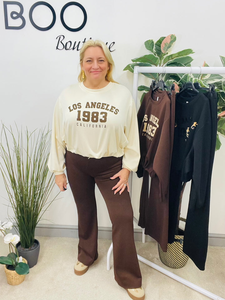 LADIES FLARED TROUSER CO ORD SET - BLACK, BROWN, BEIGE