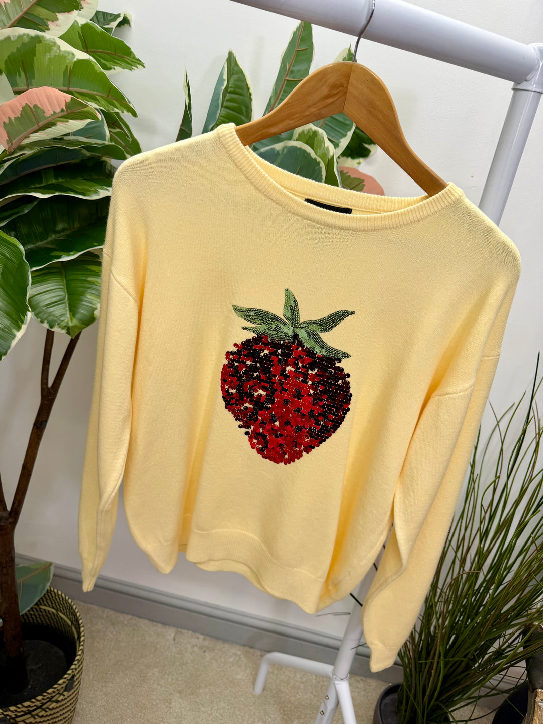 LADIES SEQUIN STRAWBERRY JUMPER - LEMON & PINK