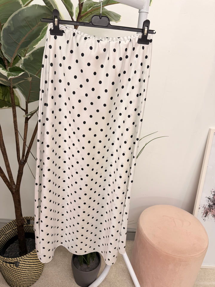 Ladies Satin Polka Dot Maxi Skirt - Black, White, Lemon, Blue & Pink