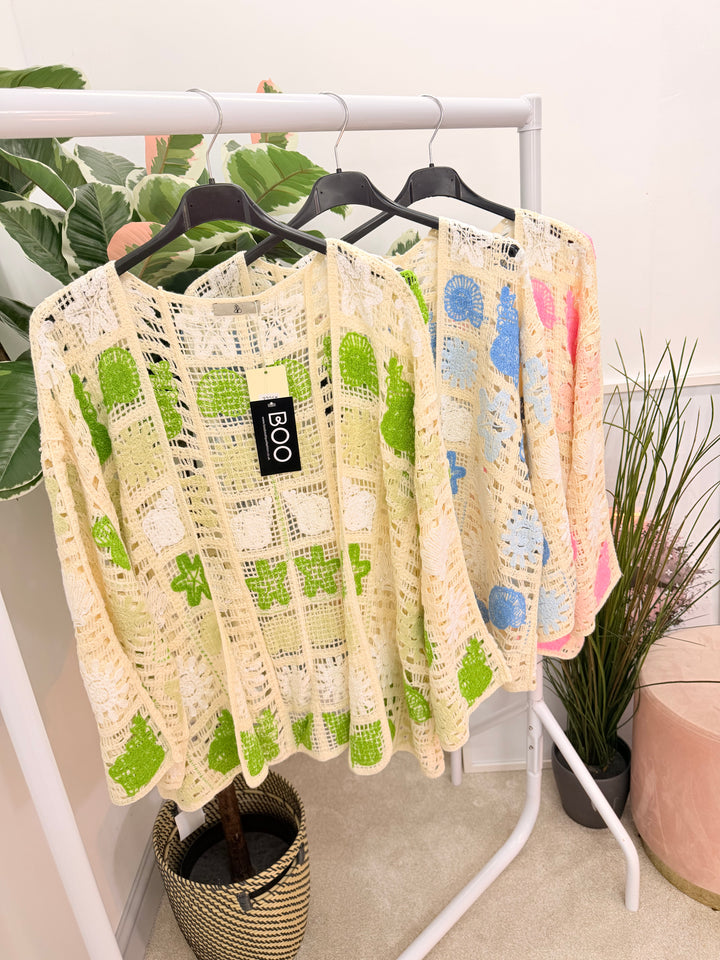 Ladies Fashion Beige Crochet Bolero Cardigan - pink, green & blue