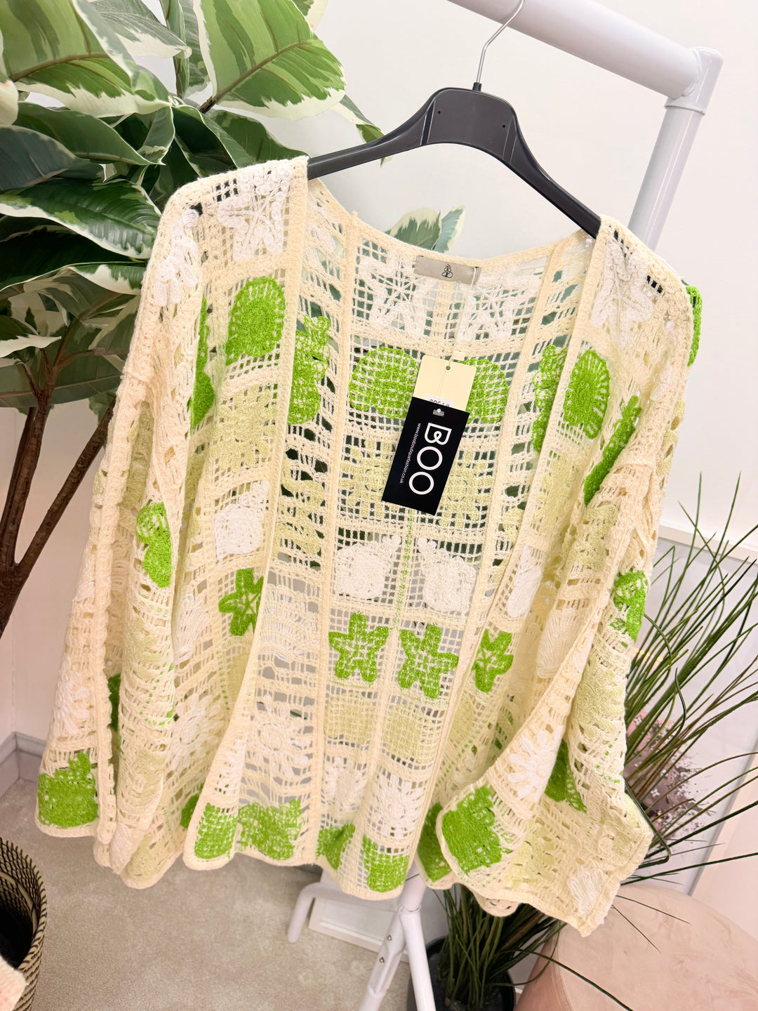 Ladies Fashion Beige Crochet Bolero Cardigan - pink, green & blue