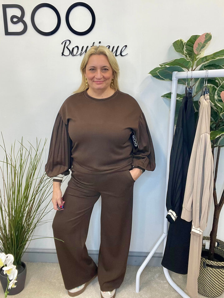 LADIES SCUBA STRAIGHT LEG TROUSER CO ORD SET - BLACK, MOCHA, BROWN