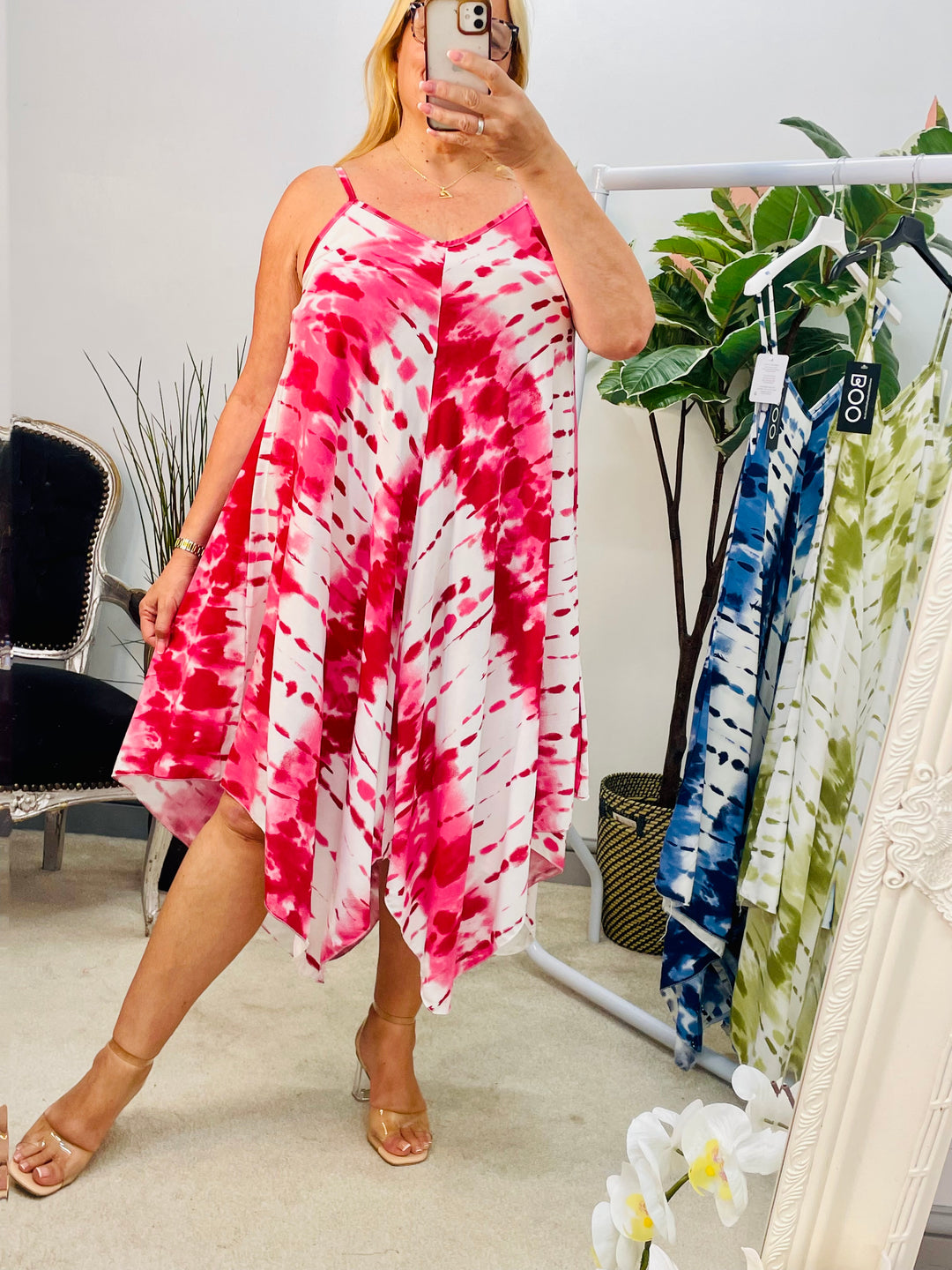 LADIES SUMMER HANKERCHIEF HOLIDAY DRESS - RED, NAVY & LIME KHAKI