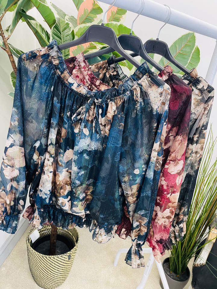 LADIES CHIFFON BARDOT GOING OUT TOP - BURGUNDY, NAVY, BLACK