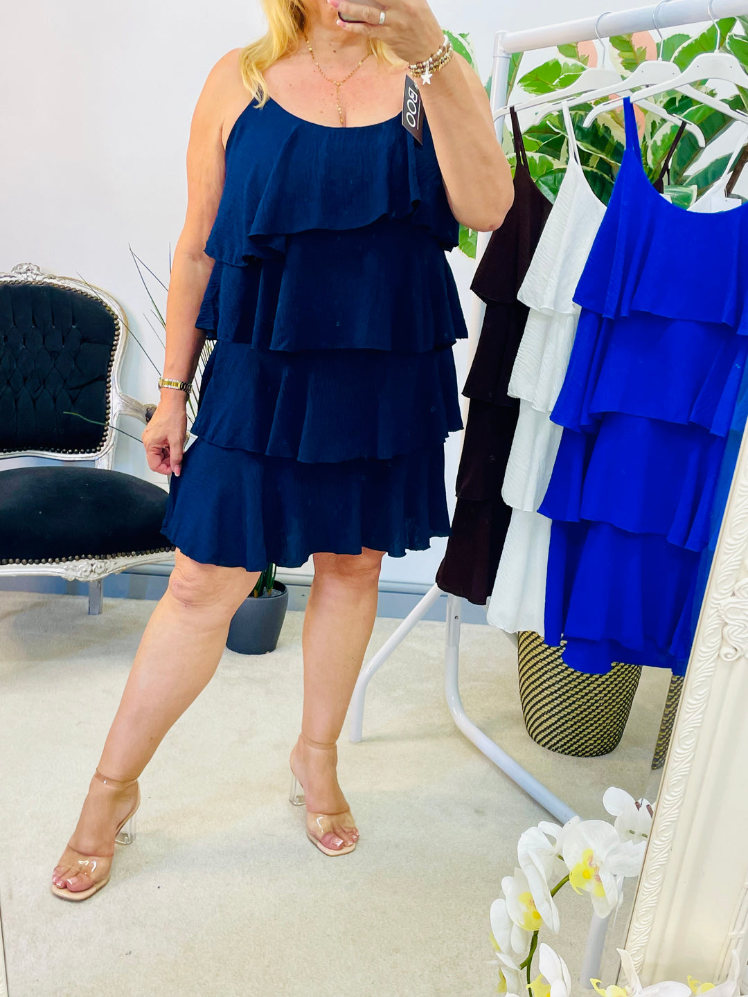 LADIES FRILL SUMMER STRAPPY SUN DRESS - NAVY, WHITE, ROYAL BLUE & BROWN