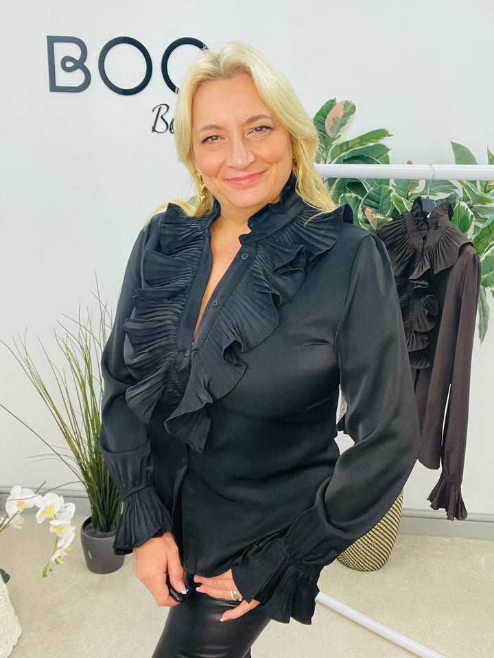 LADIES FRILL FRONT BLOUSE SHIRT - BLACK & BROWN