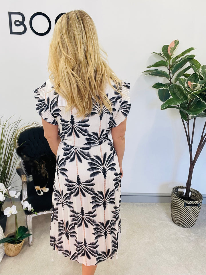 LADIES WOMENS TROPICAL PRINT PLEATED SUMMER MIDI DRESS - BLACK, KHAKI, BLUE, BEIGE & NAVY