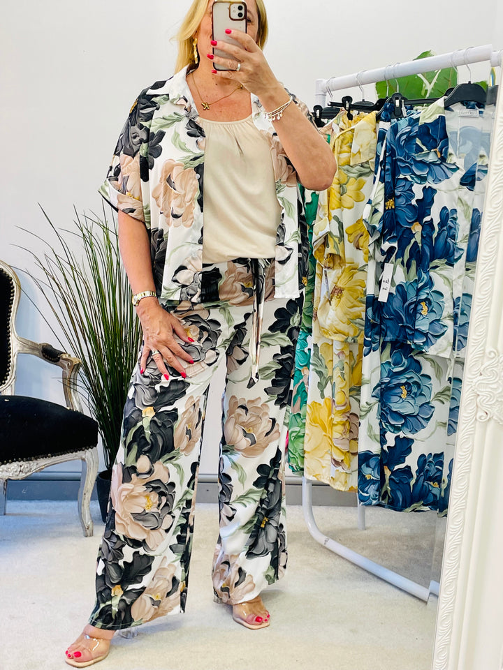 LADIES FLORA PRINT SATIN WIDE LEG PALAZZO TROUSERS - PINK, NAVY, GREEN, BLACK, YELLOW