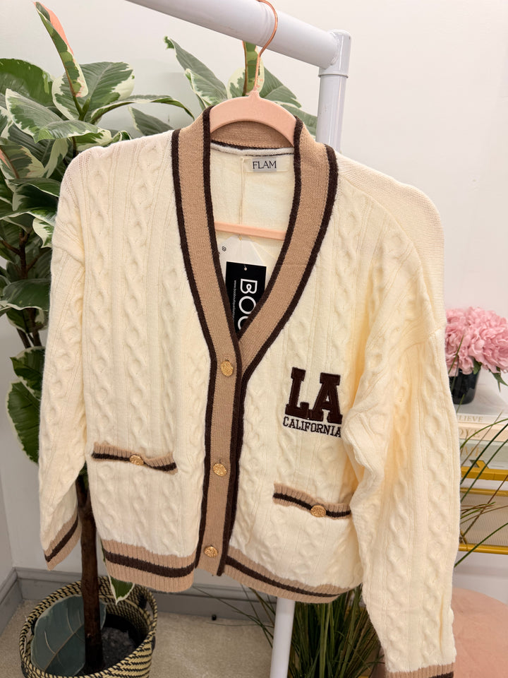 Womens Cable Knit Cricket Cardigan - Cream, Brown, Plum & Black