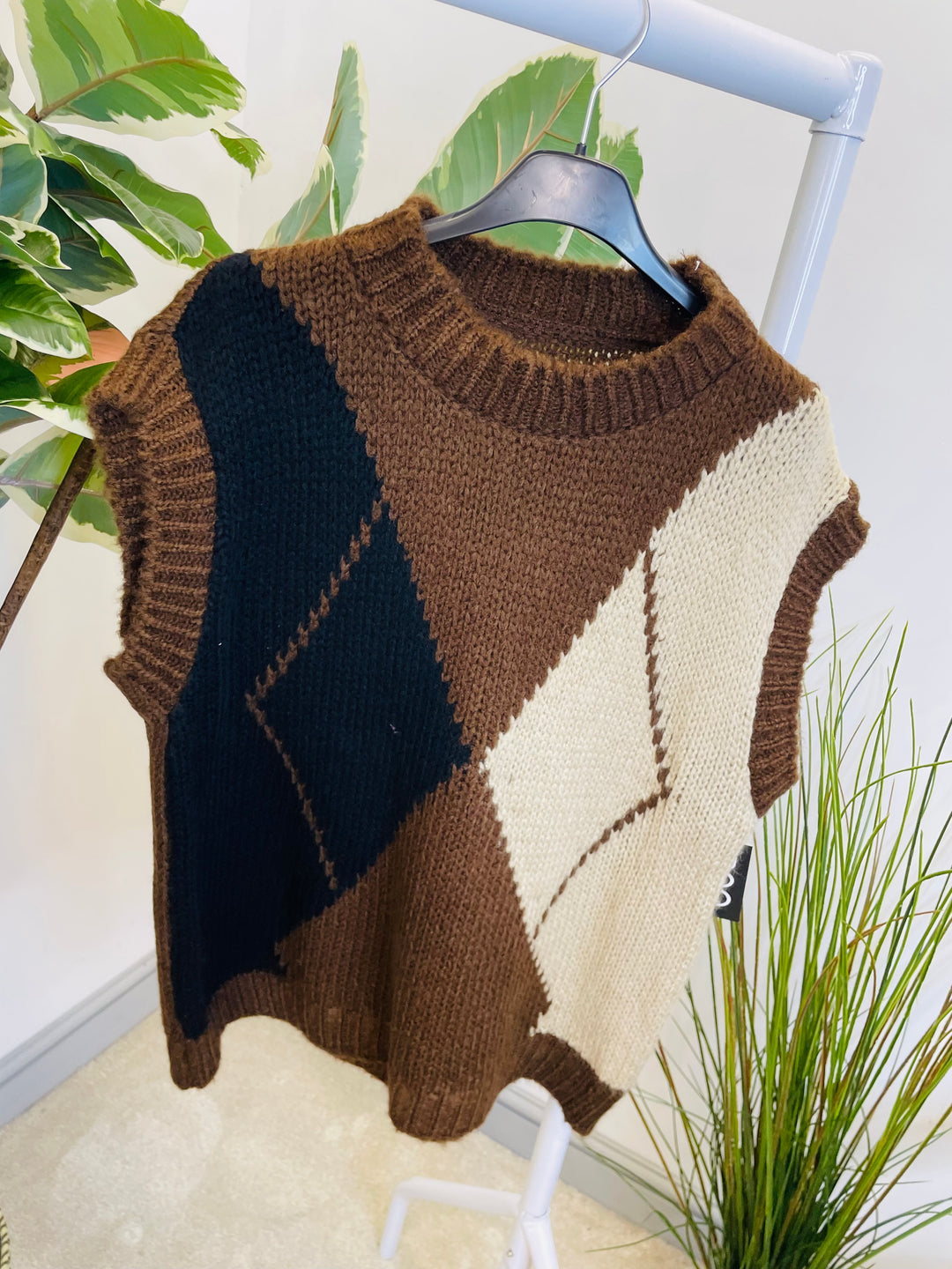 LADIES ARGYLE KNIT TANK TOP - MOCHA, BEIGE, BROWN