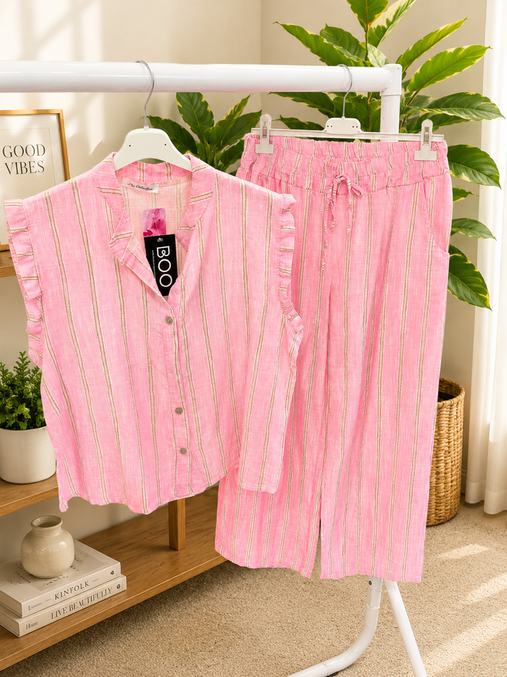 Ladies Stripe Trouser & Shirt Co Ord - Coral, Pink, Beige & Blue