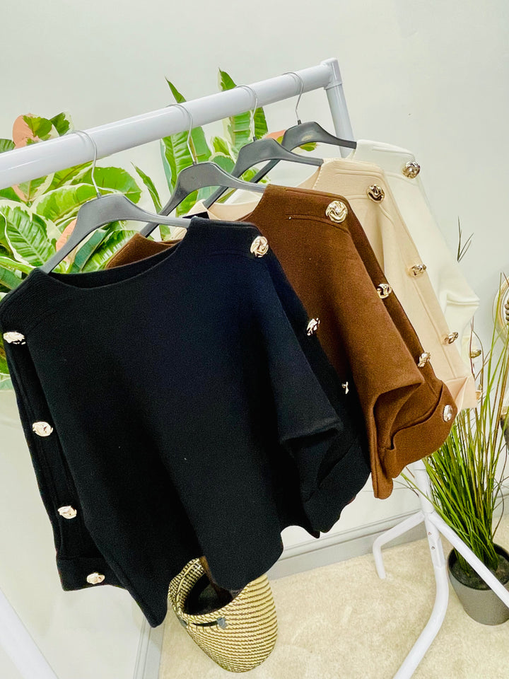 LADIES THICK KNIT GOLD BUTTON JUMPER - WHITE, BEIGE, BROWN & BLACK