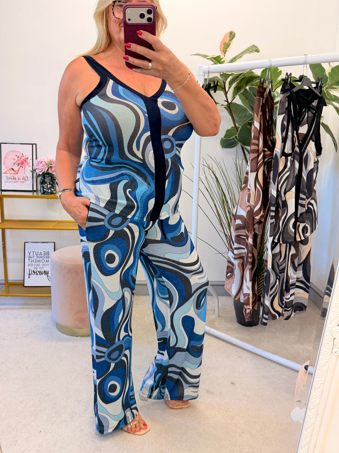 Ladies Retro Print Wide Leg Trouser Co Ord - Brown, Blue & Black