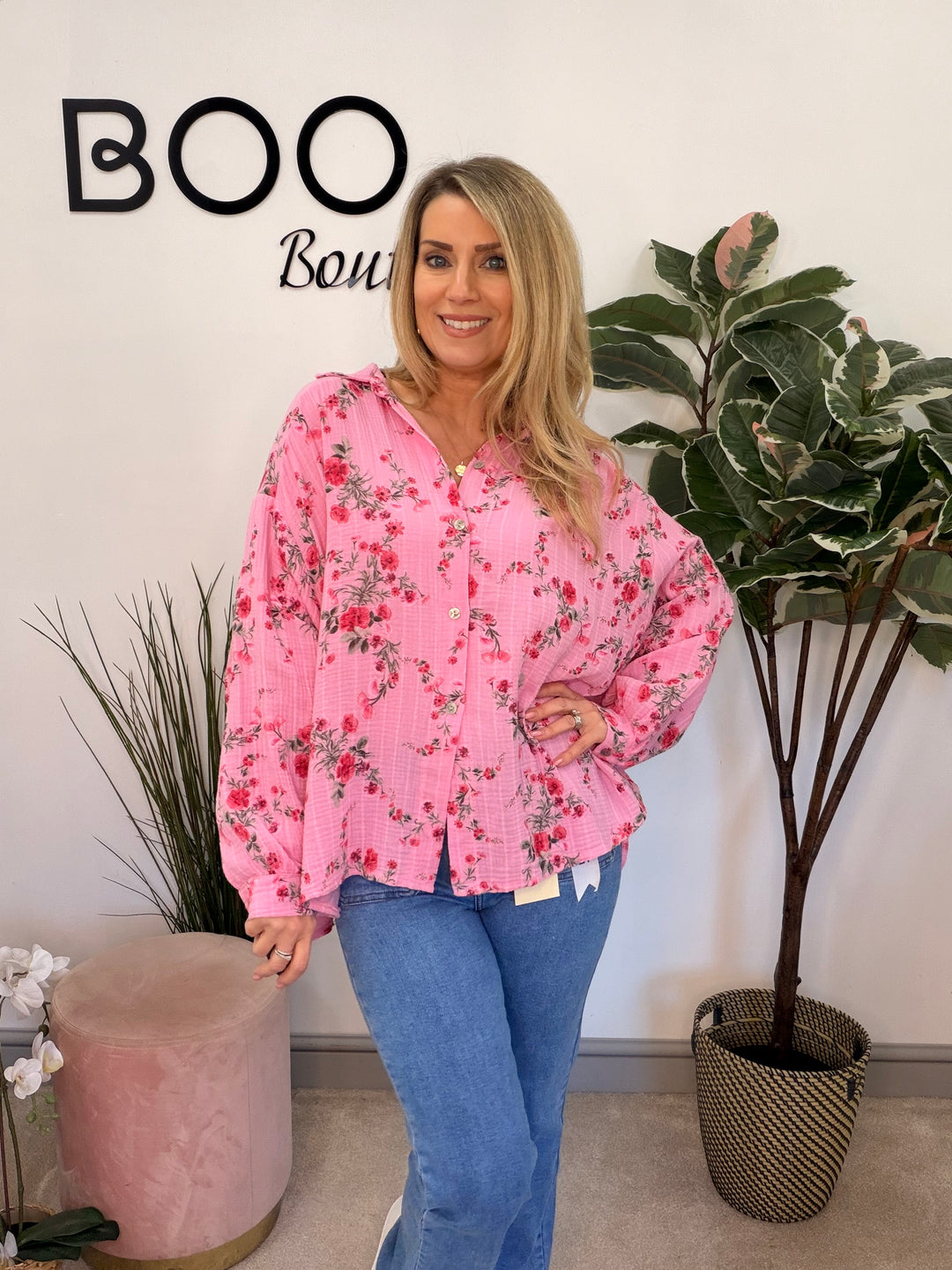 Ladies Fashion Pink Cheesecloth Long Sleeve Blouse Top