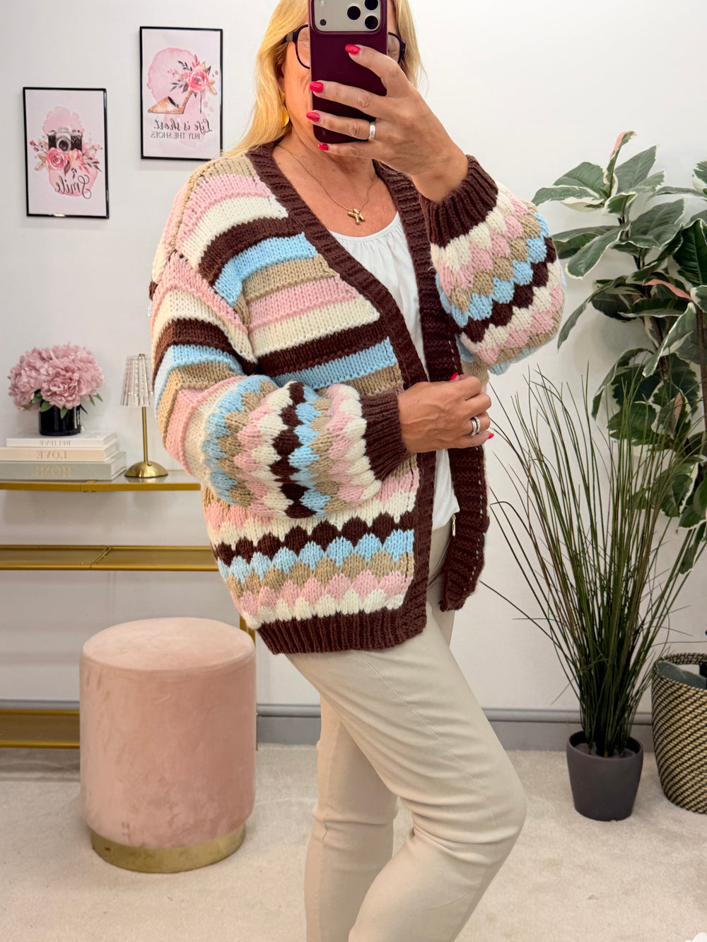 Ladies Fashion Beige Brown Blue Pink Stripe Chunky Knit Cardigan