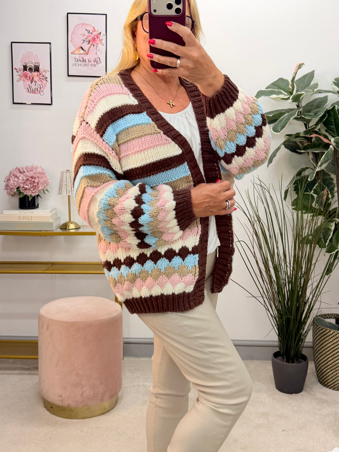 Ladies Fashion Beige Brown Blue Pink Stripe Chunky Knit Cardigan