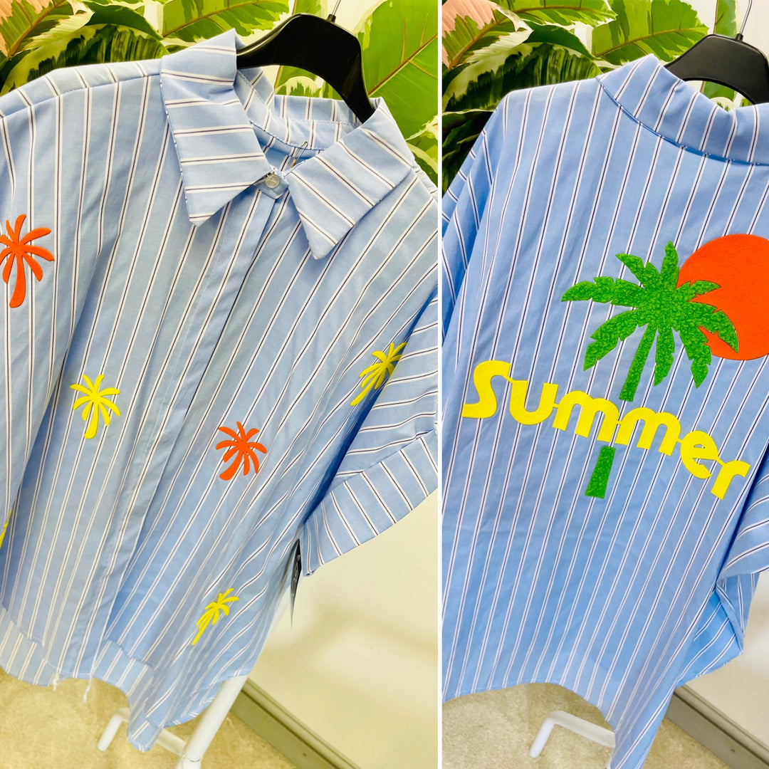 LADIES BLUE PINSTRIPE SUMMER LOOSE FIT SHIRT