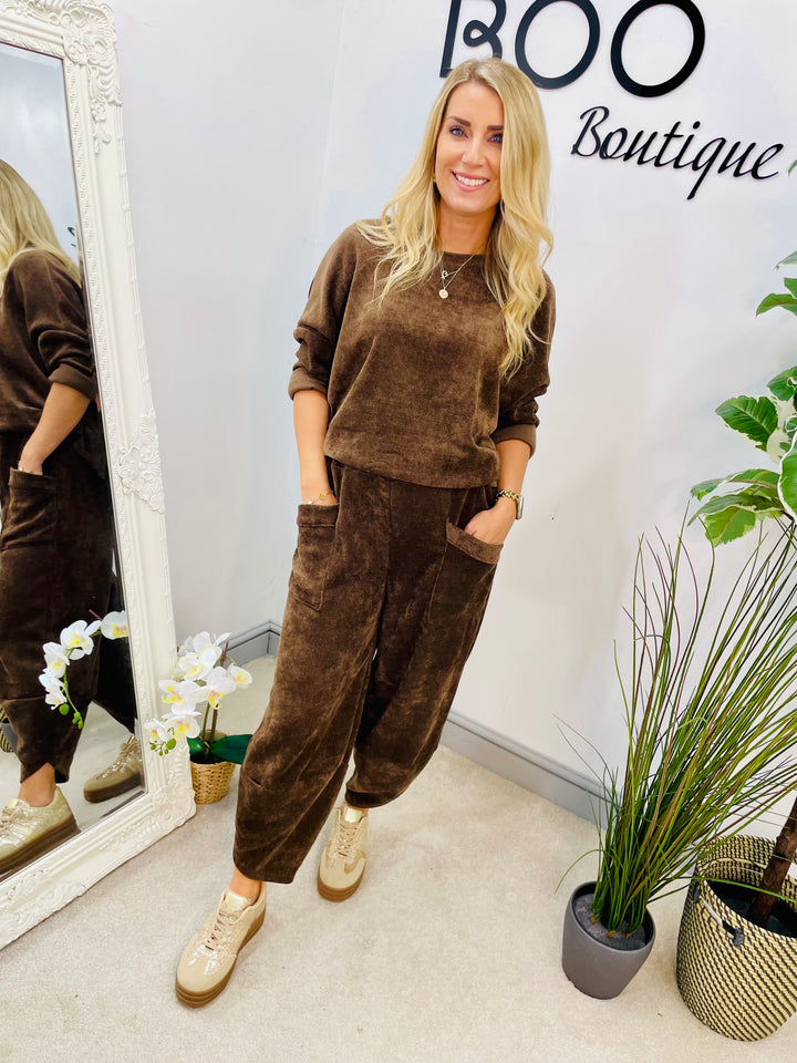 LADIES CORD HAREM LEG TROUSER CO ORD SET - KHAKI, BEIGE, NAVY, BLACK & BROWN