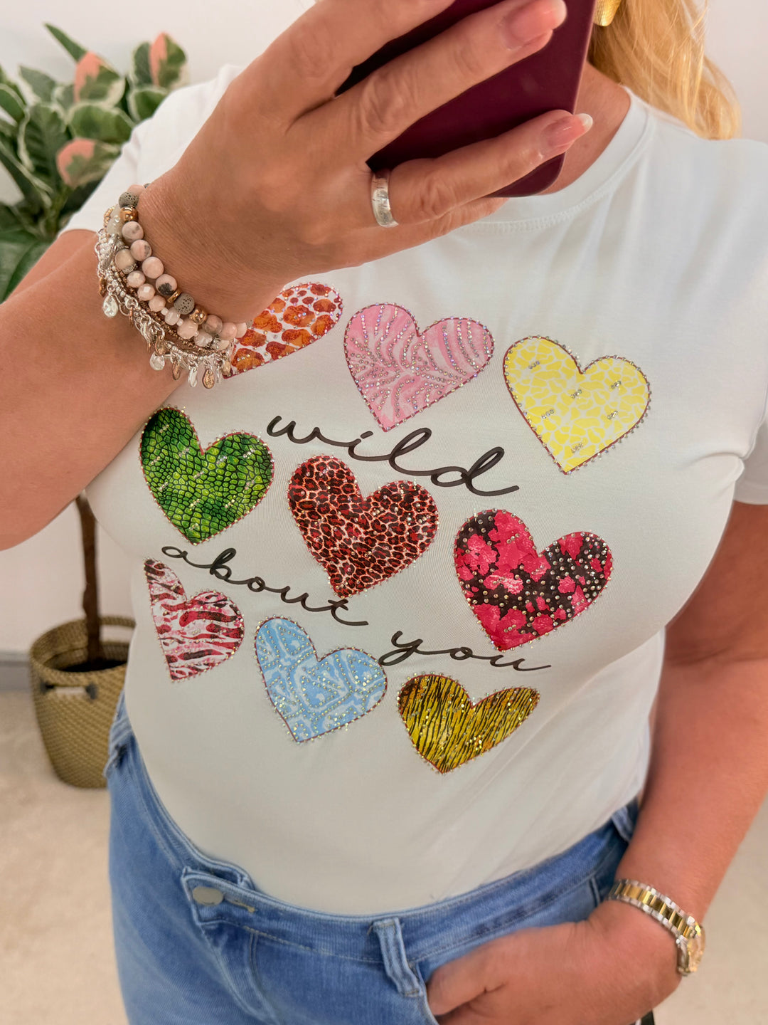 Ladies Stretch Sparkly Heart T Tee Shirt - Black & White