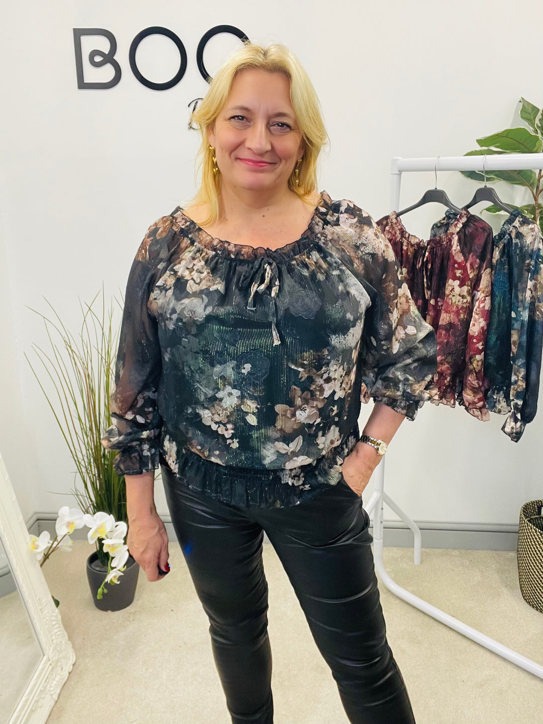 LADIES CHIFFON BARDOT GOING OUT TOP - BURGUNDY, NAVY, BLACK