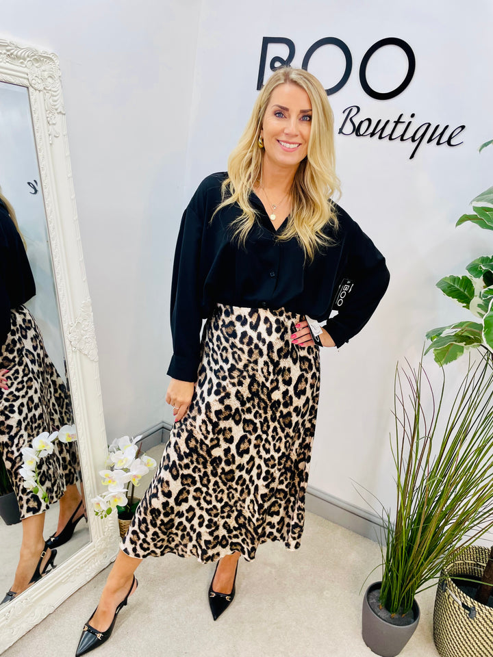 LADIES LEOPARD PRINT SATIN MIDI SKIRT