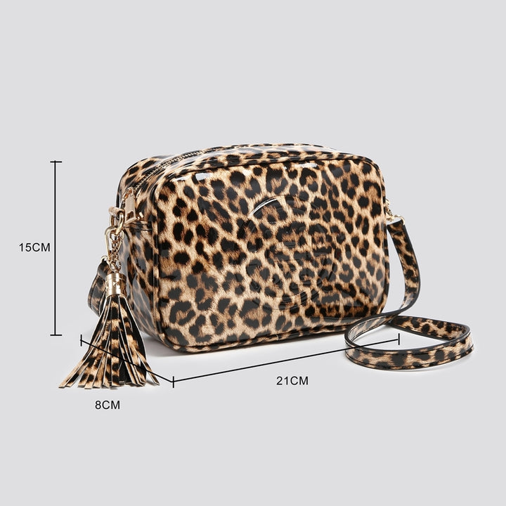 PATENT LEOPARD PRINT CAMERA BAG
