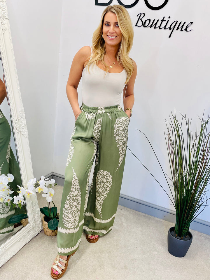 LADIES WOMENS SATIN PALAZZO PANTS TROUSERS - KHAKI & BROWN
