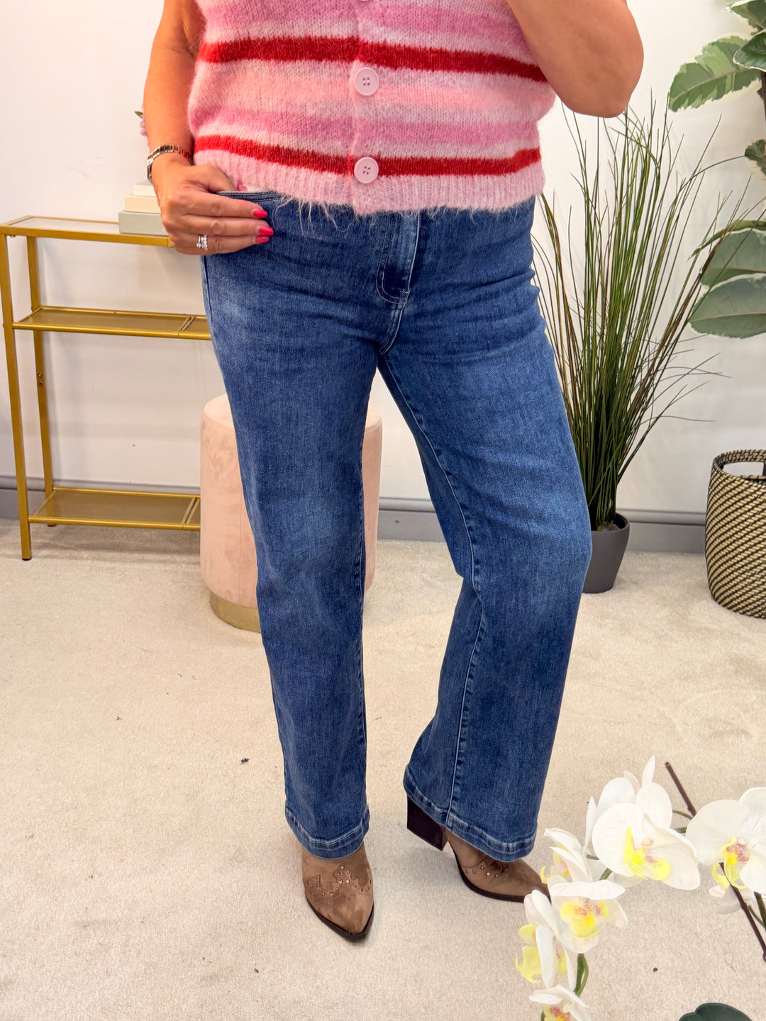 Ladies Fashion Wide Leg Denim Diamante Jeans